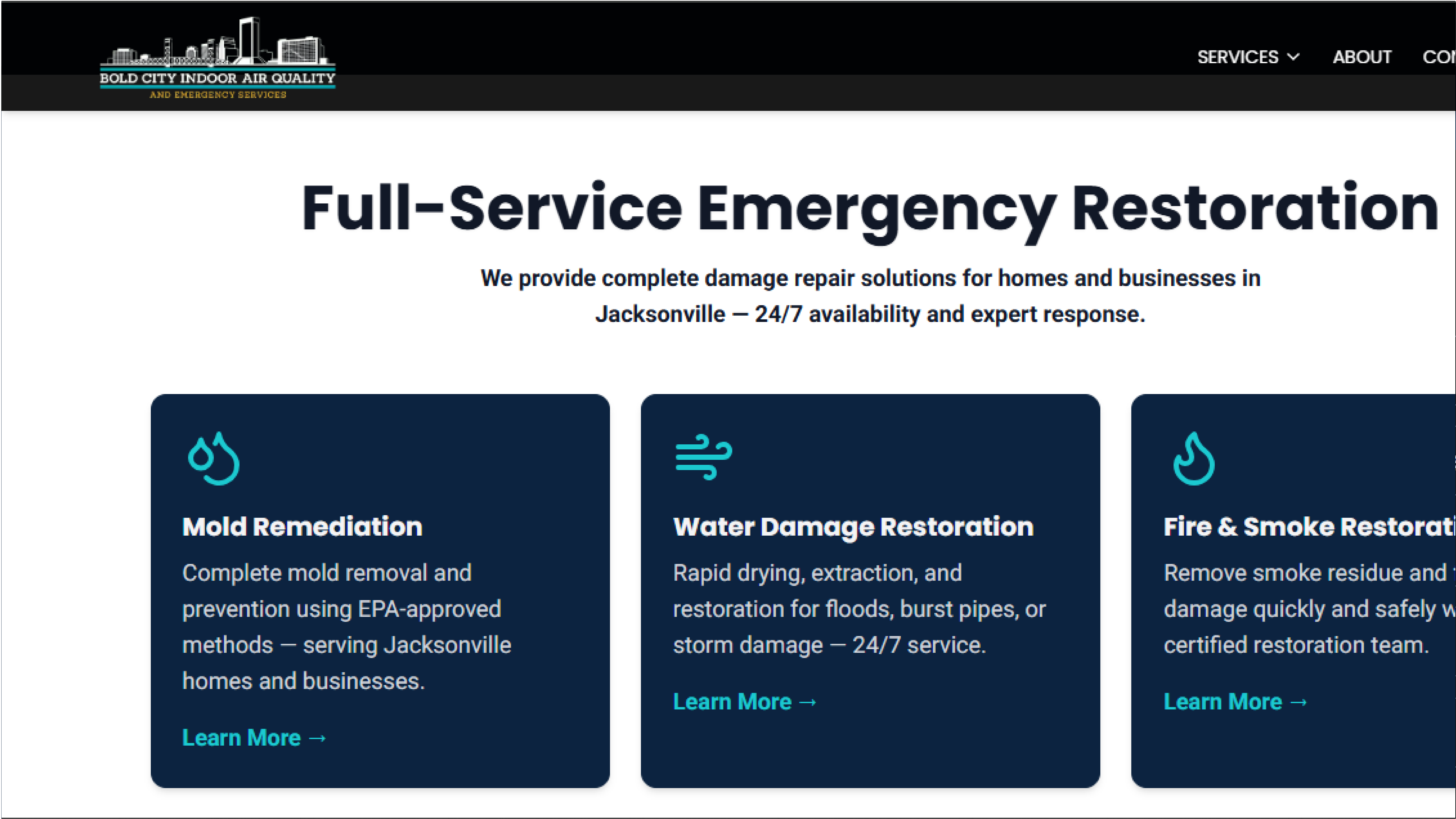 Bold City IAQ website — desktop contact and FAQ section.