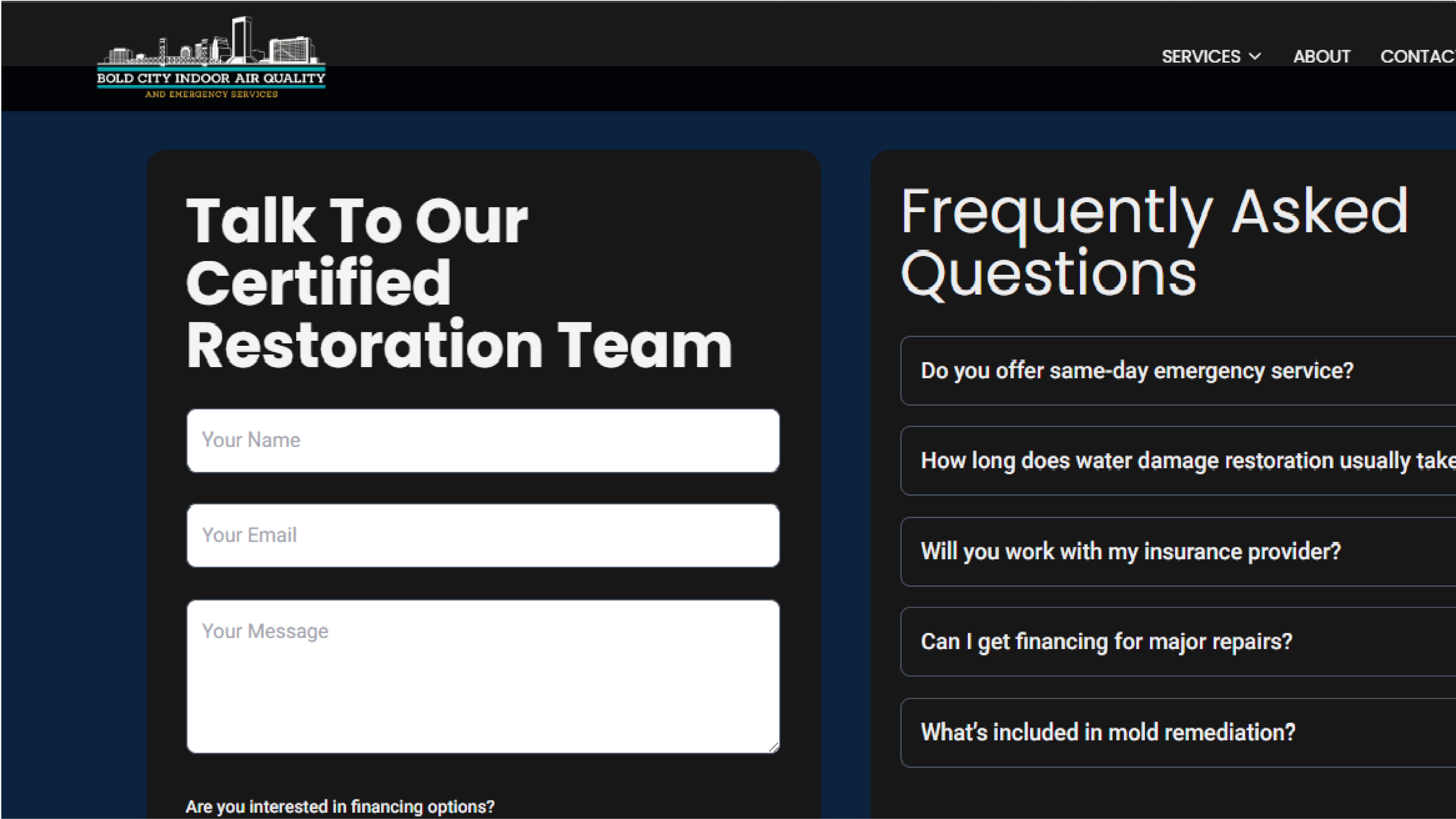 Bold City IAQ website — desktop services section.