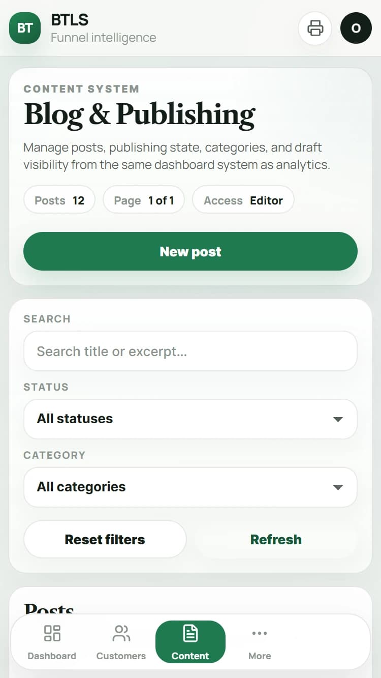 BTLS content dashboard showing blog publishing controls.