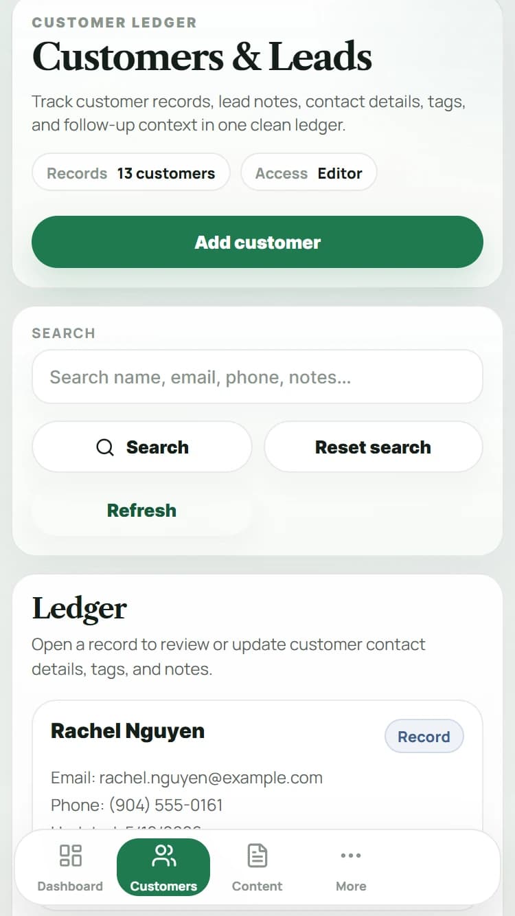 BTLS customer ledger dashboard on mobile.